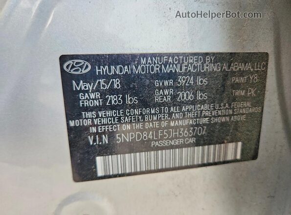 5NPD84LF5JH363707 2018 HYUNDAI ELANTRA Silver VIN კოდის სტიკერის ხედი