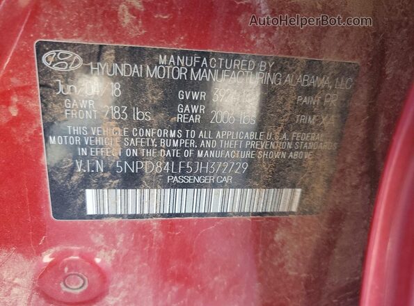 5NPD84LF5JH372729 2018 HYUNDAI ELANTRA Red Vista del compartimento del motor