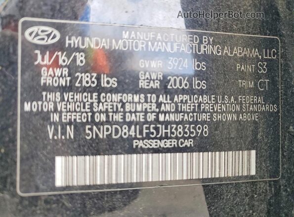 5NPD84LF5JH383598 2018 HYUNDAI ELANTRA Black ძრავის განყოფილების ხედი