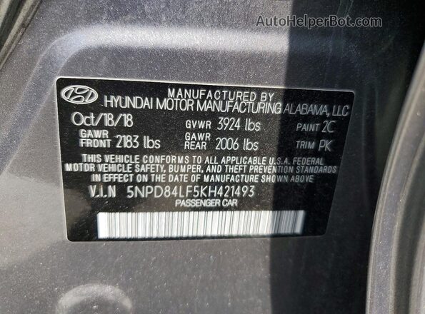 5NPD84LF5KH421493 2019 HYUNDAI ELANTRA Gray Vista de la etiqueta del VIN