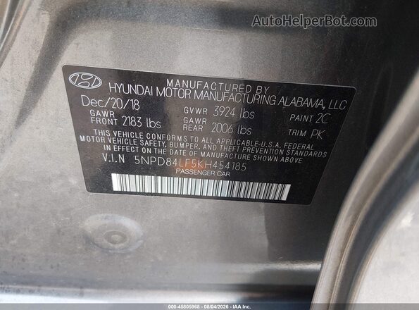 5NPD84LF5KH454185 2019 HYUNDAI ELANTRA Серый Вид подкапотного пространства