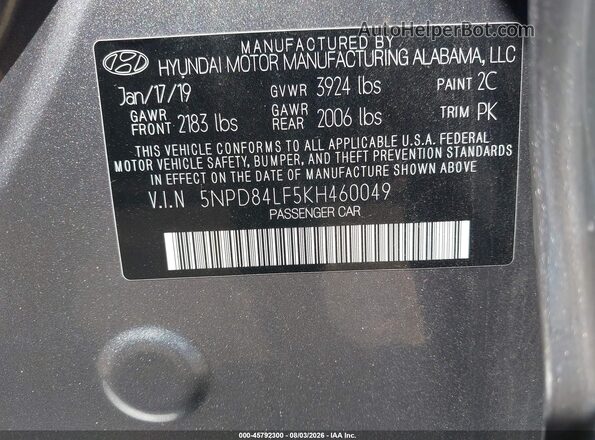 5NPD84LF5KH460049 2019 HYUNDAI ELANTRA Gray Widok komory silnika