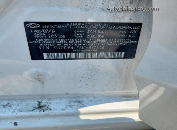 5NPD84LF5KH477546 2019 HYUNDAI ELANTRA White Вид наклейки з VIN-кодом