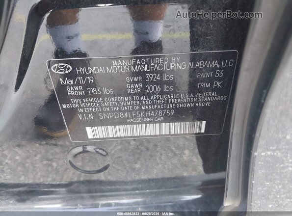 5NPD84LF5KH478759 2019 HYUNDAI ELANTRA Black ძრავის განყოფილების ხედი