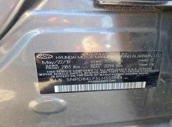 5NPD84LF5LH501944 2020 HYUNDAI ELANTRA Gray VIN sticker view