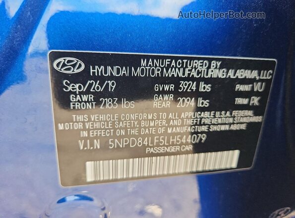 5NPD84LF5LH544079 2020 HYUNDAI ELANTRA Blue Շարժիչի բաժամունքի տեսք