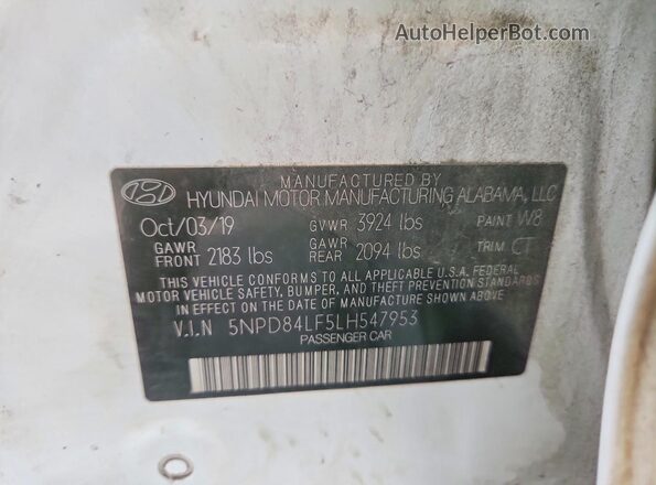 5NPD84LF5LH547953 2020 HYUNDAI ELANTRA White ძრავის განყოფილების ხედი