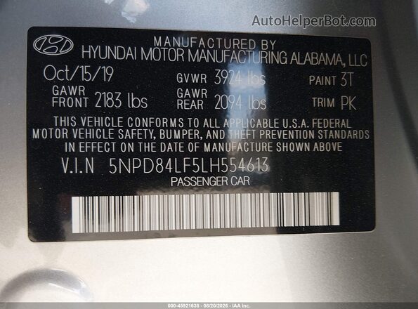 5NPD84LF5LH554613 2020 HYUNDAI ELANTRA Серебряный Вид подкапотного пространства