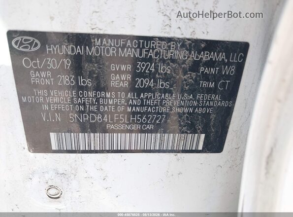 5NPD84LF5LH562727 2020 HYUNDAI ELANTRA White Engine compartment view