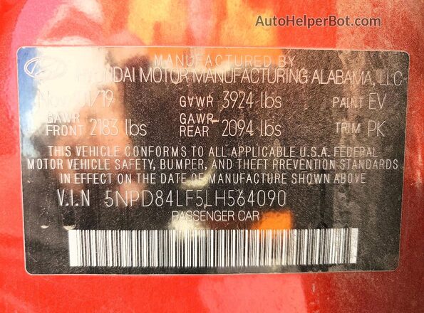 5NPD84LF5LH564090 2020 HYUNDAI ELANTRA Красный Вид подкапотного пространства