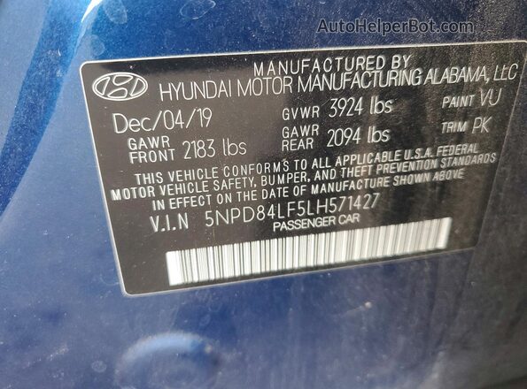 5NPD84LF5LH571427 2020 HYUNDAI ELANTRA Blue Вид наклейки з VIN-кодом