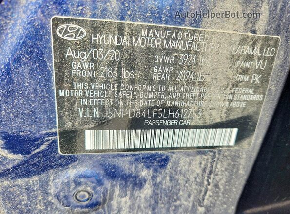 5NPD84LF5LH612753 2020 HYUNDAI ELANTRA Blue Widok komory silnika