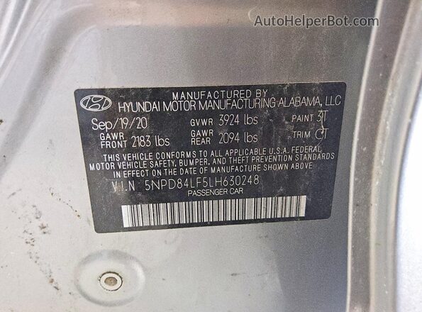 5NPD84LF5LH630248 2020 HYUNDAI ELANTRA Silver Engine compartment view