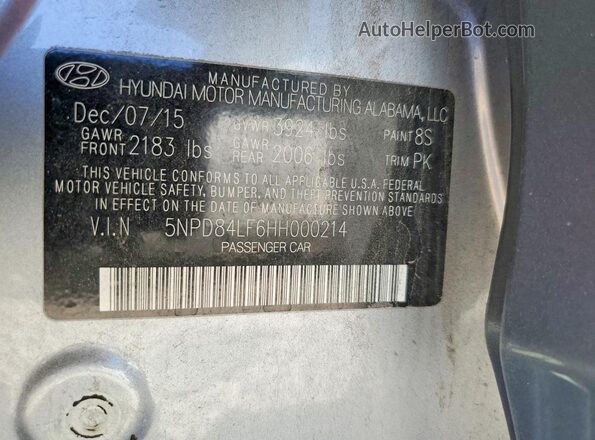 5NPD84LF6HH000214 2017 HYUNDAI ELANTRA Silver VIN კოდის სტიკერის ხედი