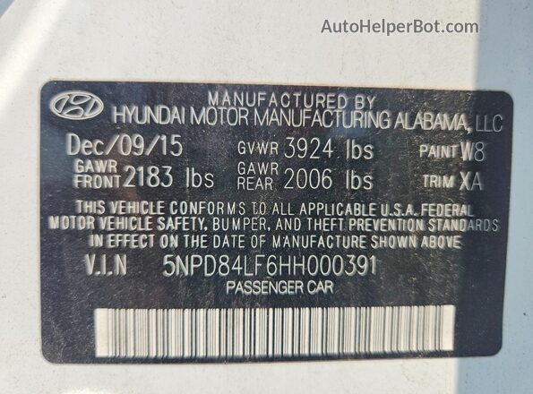 5NPD84LF6HH000391 2017 HYUNDAI ELANTRA White Вид наклейки з VIN-кодом
