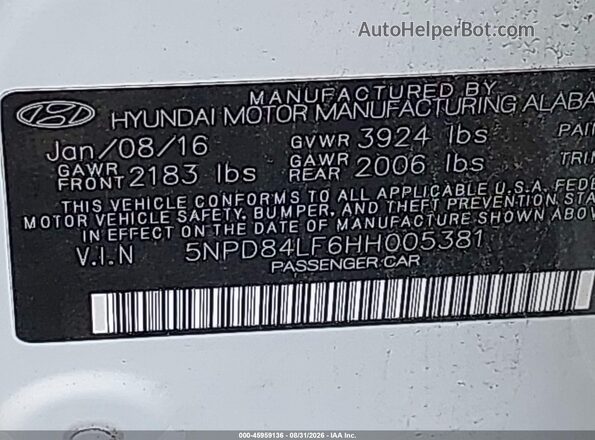 5NPD84LF6HH005381 2017 HYUNDAI ELANTRA Белый Вид подкапотного пространства