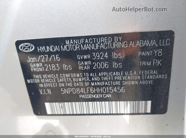 5NPD84LF6HH015456 2017 HYUNDAI ELANTRA Silver Vista del compartimento del motor