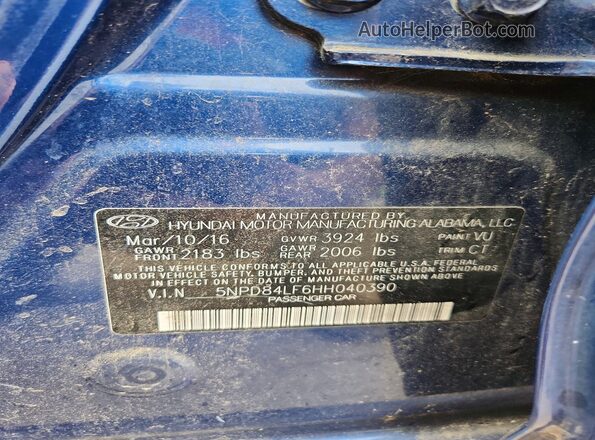 5NPD84LF6HH040390 2017 HYUNDAI ELANTRA Blue Շարժիչի բաժամունքի տեսք