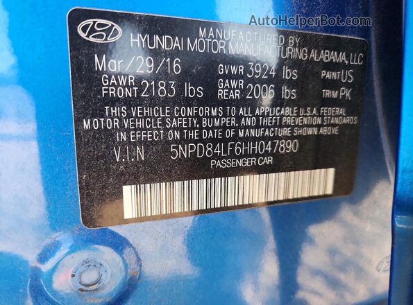 5NPD84LF6HH047890 2017 HYUNDAI ELANTRA Blue 