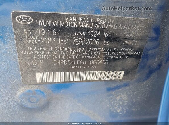 5NPD84LF6HH060400 2017 HYUNDAI ELANTRA Синий Вид подкапотного пространства