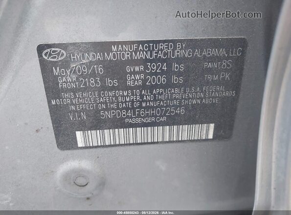 5NPD84LF6HH072546 2017 HYUNDAI ELANTRA Серый Вид подкапотного пространства