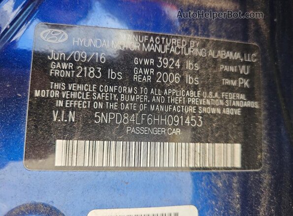 5NPD84LF6HH091453 2017 HYUNDAI ELANTRA Blue Widok komory silnika