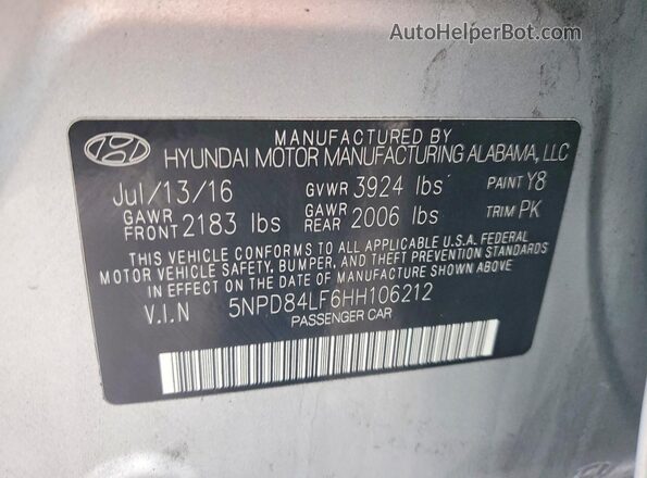 5NPD84LF6HH106212 2017 HYUNDAI ELANTRA Silver 