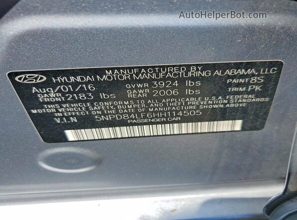 5NPD84LF6HH114505 2017 HYUNDAI ELANTRA Серебряный Вид наклейки с VIN-кодом