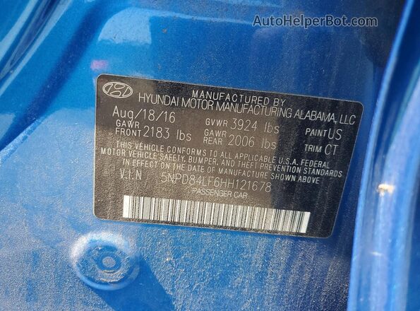 5NPD84LF6HH121678 2017 HYUNDAI ELANTRA Blue Շարժիչի բաժամունքի տեսք