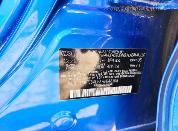 5NPD84LF6HH146208 2017 HYUNDAI ELANTRA Blue VIN კოდის სტიკერის ხედი