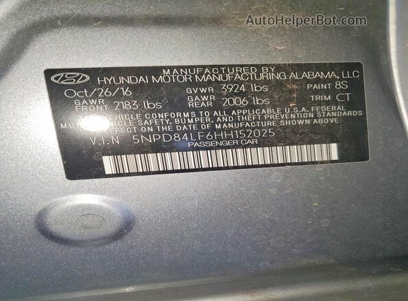 5NPD84LF6HH152025 2017 HYUNDAI ELANTRA Gray Vista del compartimento del motor