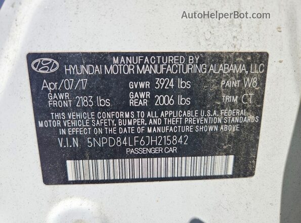 5NPD84LF6JH215842 2018 HYUNDAI ELANTRA White VIN sticker view