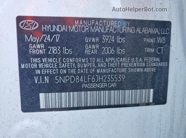 5NPD84LF6JH235539 2018 HYUNDAI ELANTRA White Vista de la etiqueta del VIN