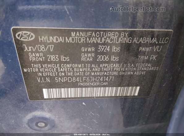 5NPD84LF6JH241471 2018 HYUNDAI ELANTRA Синий Вид подкапотного пространства