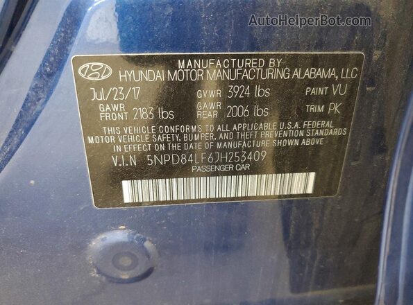 5NPD84LF6JH253409 2018 HYUNDAI ELANTRA Blue Vista del compartimento del motor