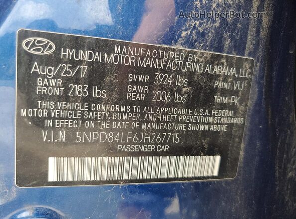 5NPD84LF6JH267715 2018 HYUNDAI ELANTRA Синий 
