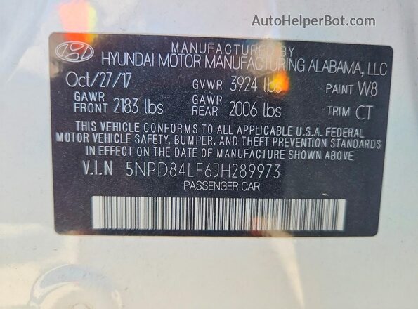 5NPD84LF6JH289973 2018 HYUNDAI ELANTRA White Widok naklejki z numerem VIN
