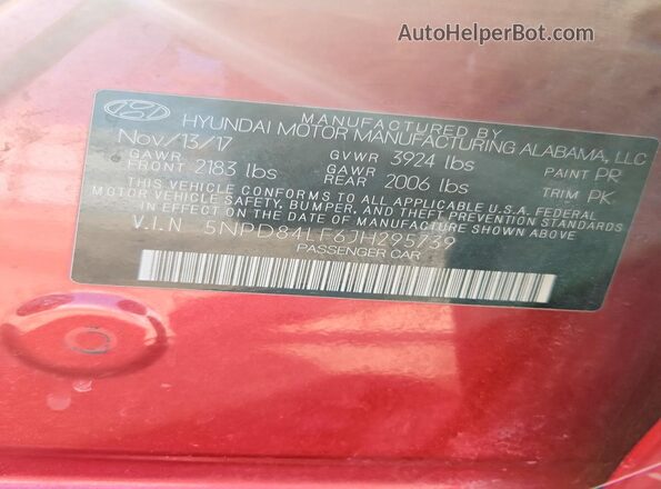 5NPD84LF6JH295739 2018 HYUNDAI ELANTRA Red ძრავის განყოფილების ხედი