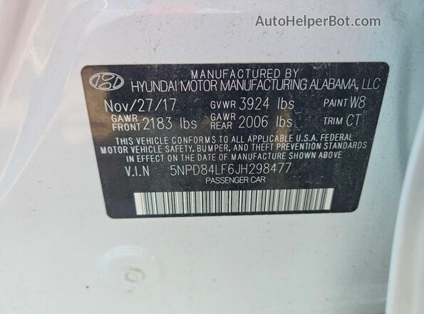 5NPD84LF6JH298477 2018 HYUNDAI ELANTRA White ძრავის განყოფილების ხედი