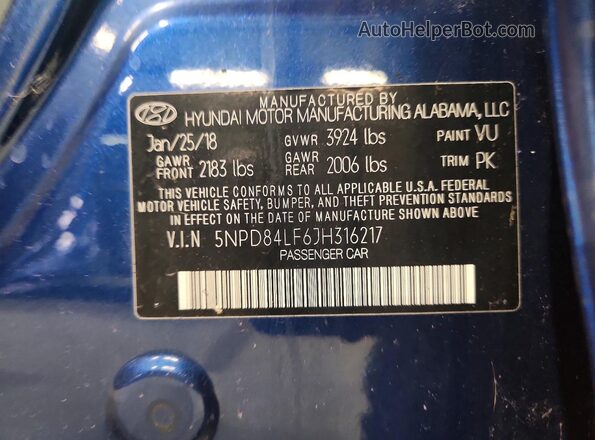 5NPD84LF6JH316217 2018 HYUNDAI ELANTRA Blue Widok komory silnika
