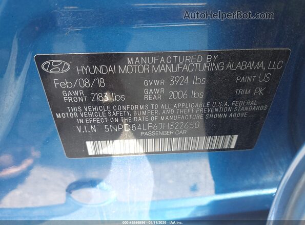 5NPD84LF6JH322650 2018 HYUNDAI ELANTRA Blue ძრავის განყოფილების ხედი