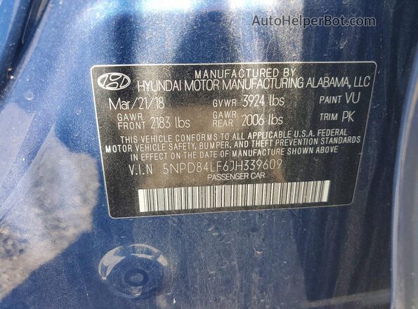 5NPD84LF6JH339609 2018 HYUNDAI ELANTRA Blue Вид наклейки з VIN-кодом