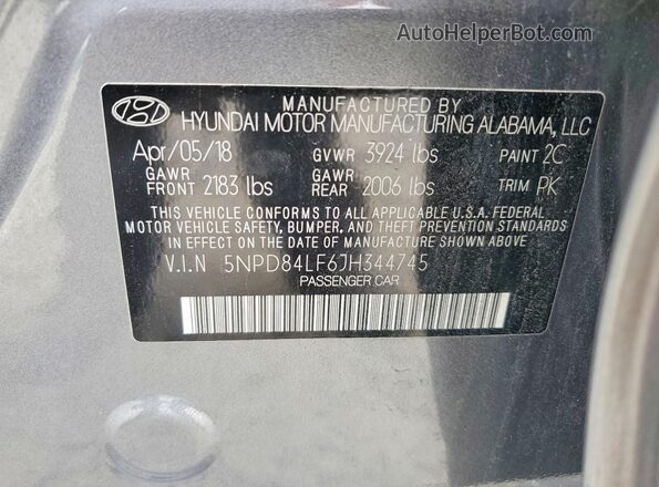 5NPD84LF6JH344745 2018 HYUNDAI ELANTRA Gray VIN sticker view