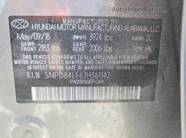 5NPD84LF6JH361142 2018 HYUNDAI ELANTRA Серый Вид подкапотного пространства