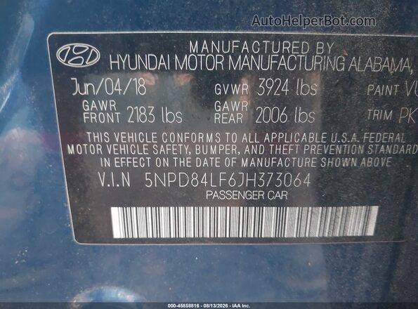 5NPD84LF6JH373064 2018 HYUNDAI ELANTRA Blue Вид підкапотного простору
