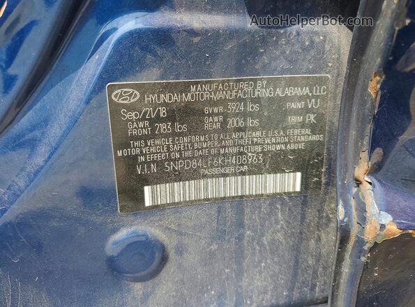 5NPD84LF6KH408963 2019 HYUNDAI ELANTRA Blue Vista del compartimento del motor