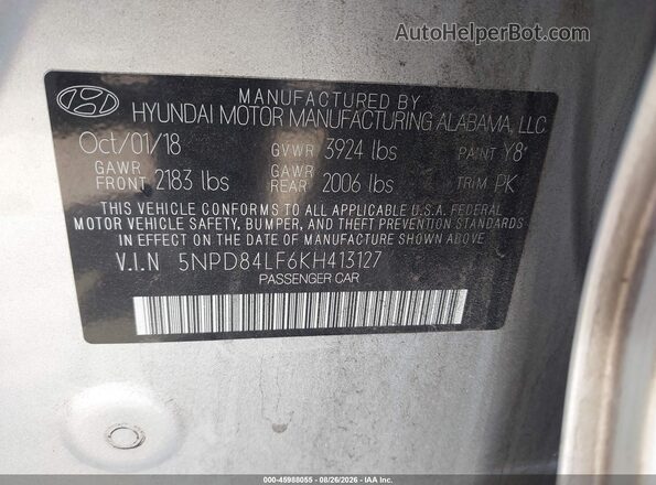 5NPD84LF6KH413127 2019 HYUNDAI ELANTRA Silver Շարժիչի բաժամունքի տեսք