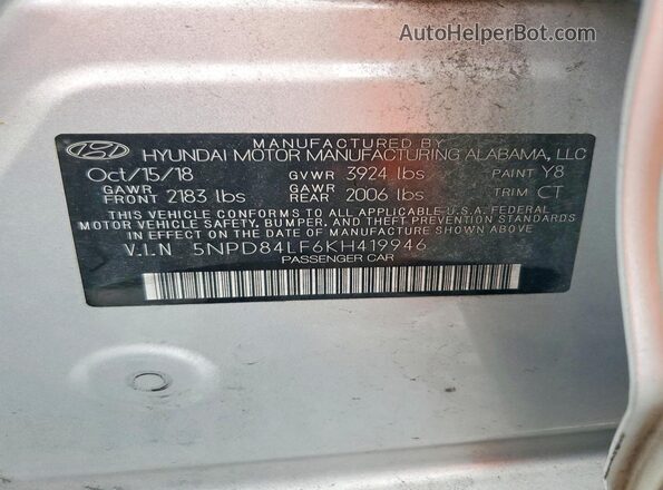 5NPD84LF6KH419946 2019 HYUNDAI ELANTRA Silver VIN կոդի պիտակի տեսք