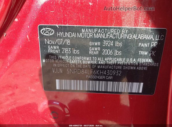 5NPD84LF6KH430932 2019 HYUNDAI ELANTRA Red Вид підкапотного простору