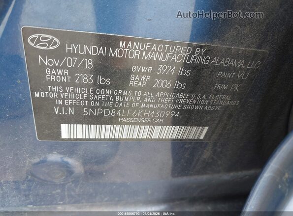 5NPD84LF6KH430994 2019 HYUNDAI ELANTRA Синий Вид подкапотного пространства